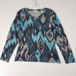 PASHMA Cashmere Silk Sweater $259 Light Pullover Abstract Ethnic Ikat Print XL